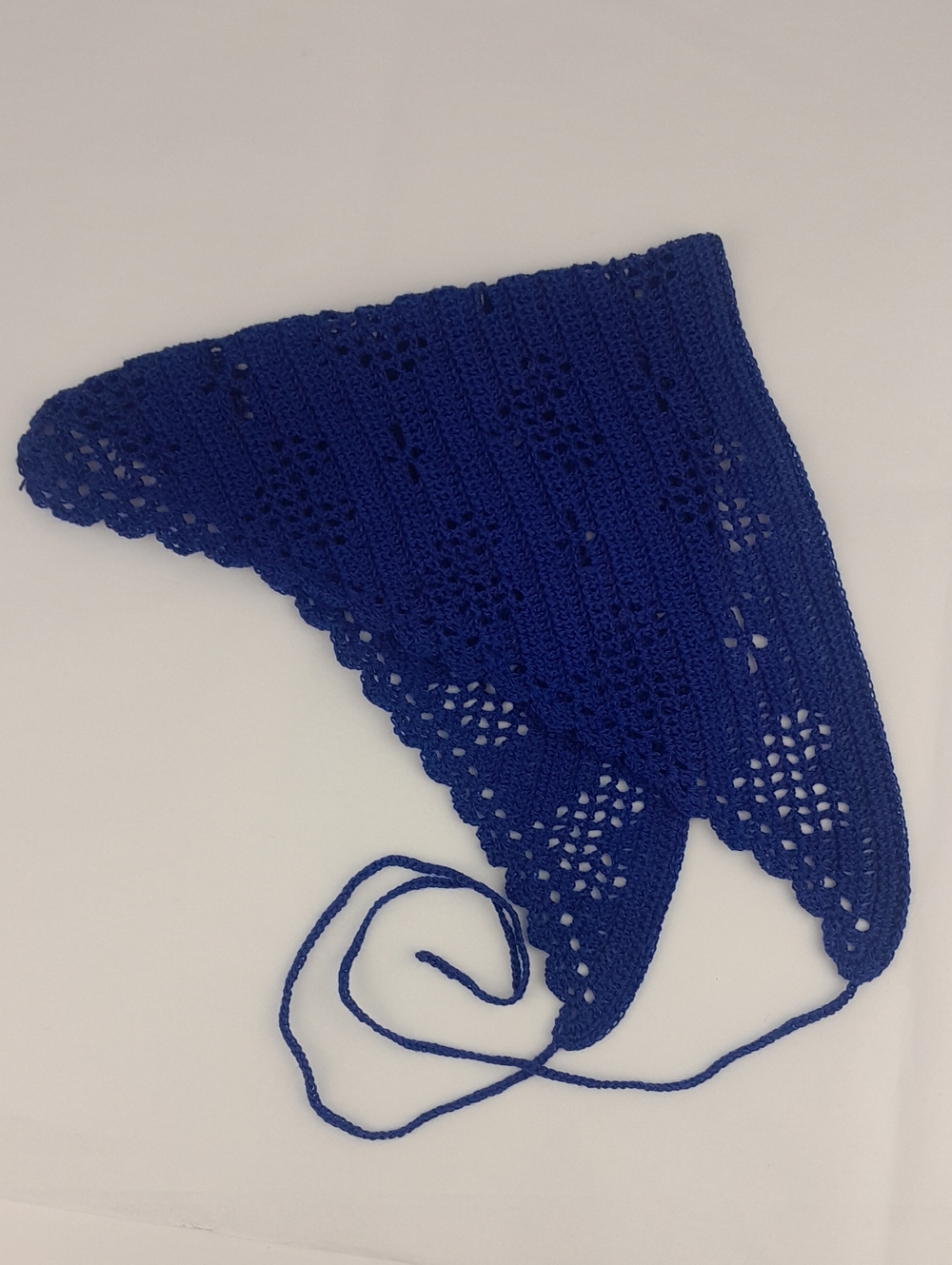 Handcrafted Soft Royal Blue Crocheted Heart Filet Head Bandana Kerchief Tie Back
